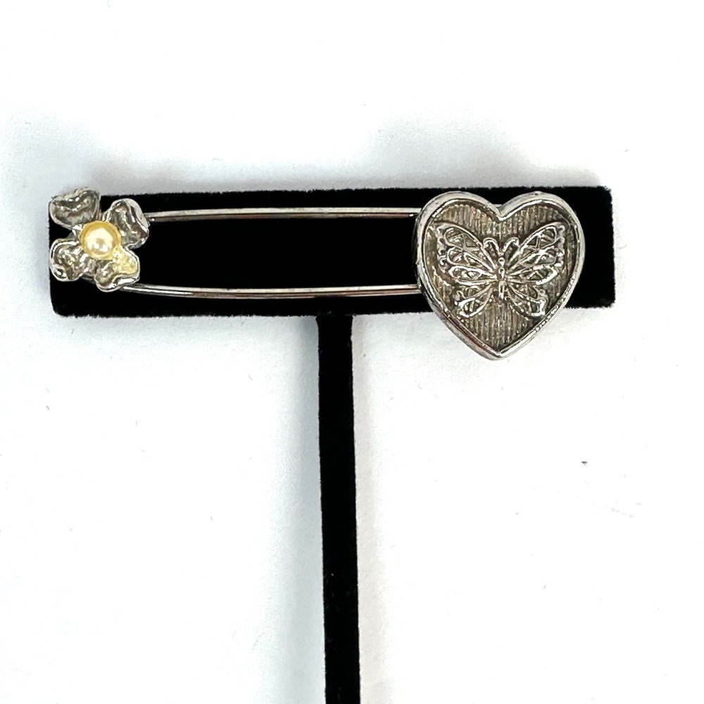 Vintage Style Butterfly Heart Flower Safety Pin Brooch Women OS Silver Tone Pin